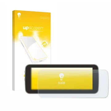 Parte frontal de un envase de producto con el logotipo de la marca upscreen. Al lado se muestra el dispositivo Fiat 500 E Ucon