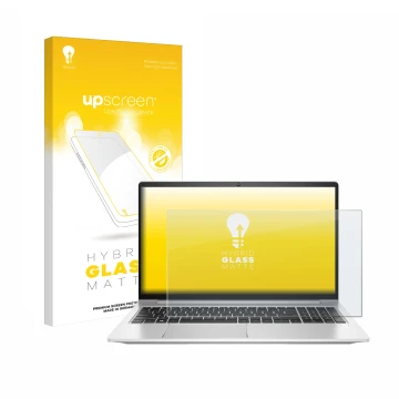 Parte frontal de un envase de producto con el logotipo de la marca upscreen. Al lado se muestra el dispositivo HP ProBook 450 