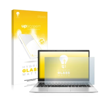 Parte frontal de un envase de producto con el logotipo de la marca upscreen. Al lado se muestra el dispositivo HP EliteBook 84