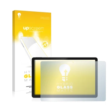 Parte frontal de un envase de producto con el logotipo de la marca upscreen. Al lado se muestra el dispositivo realme Pad con 