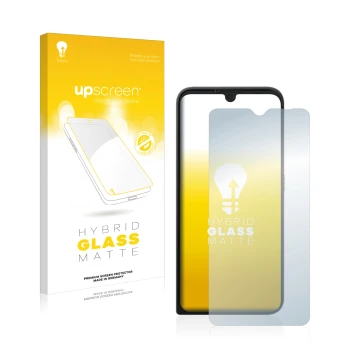 Parte frontal de un envase de producto con el logotipo de la marca upscreen. Al lado se muestra el dispositivo Motorola Defy 2