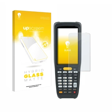 Parte frontal de un envase de producto con el logotipo de la marca upscreen. Al lado se muestra el dispositivo Zebra MC2200 co