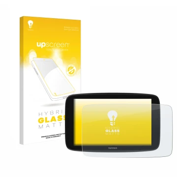 Parte frontal de un envase de producto con el logotipo de la marca upscreen. Al lado se muestra el dispositivo TomTom Go Exper