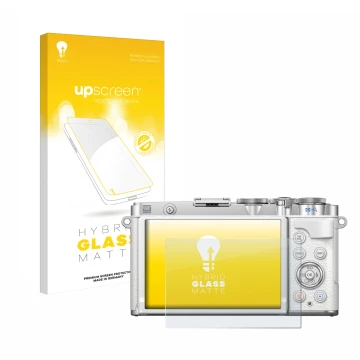 Parte frontal de un envase de producto con el logotipo de la marca upscreen. Al lado se muestra el dispositivo Olympus PEN E-P