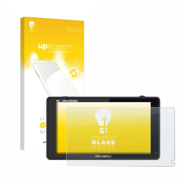 Parte frontal de un envase de producto con el logotipo de la marca upscreen. Al lado se muestra el dispositivo Feelworld LUT6 