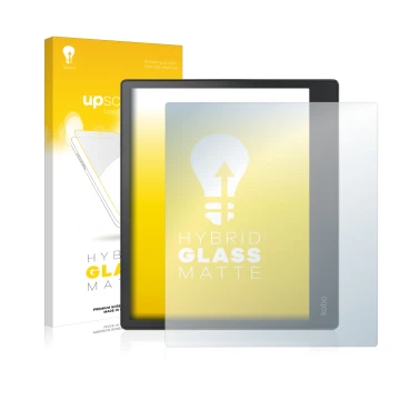 Parte frontal de un envase de producto con el logotipo de la marca upscreen. Al lado se muestra el dispositivo Kobo Elipsa con