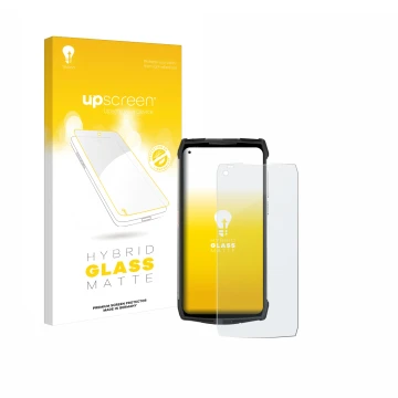 Parte frontal de un envase de producto con el logotipo de la marca upscreen. Al lado se muestra el dispositivo Ulefone Power A