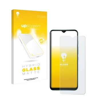 Parte frontal de un envase de producto con el logotipo de la marca upscreen. Al lado se muestra el dispositivo Wiko Power U30 