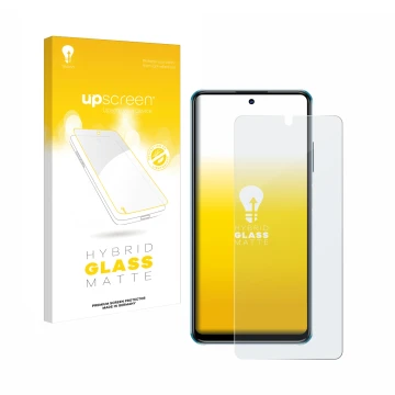 Parte frontal de un envase de producto con el logotipo de la marca upscreen. Al lado se muestra el dispositivo ZTE Blade V30 c