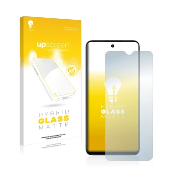 Parte frontal de un envase de producto con el logotipo de la marca upscreen. Al lado se muestra el dispositivo ZTE Blade V30 V