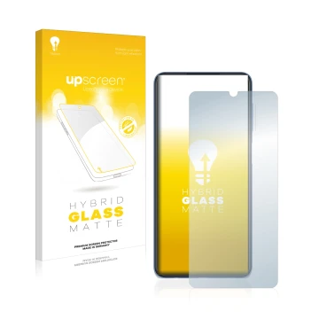 Parte frontal de un envase de producto con el logotipo de la marca upscreen. Al lado se muestra el dispositivo Samsung Galaxy 