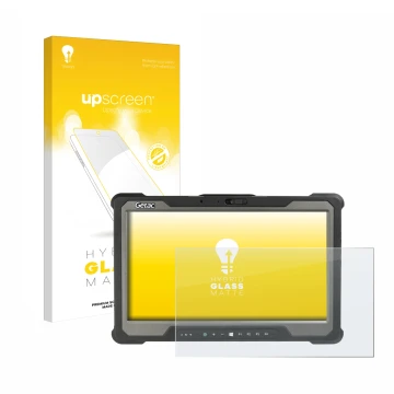 Parte frontal de un envase de producto con el logotipo de la marca upscreen. Al lado se muestra el dispositivo Getac A140 con 