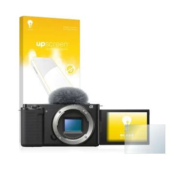 Parte frontal de un envase de producto con el logotipo de la marca upscreen. Al lado se muestra el dispositivo Sony Alpha ZV-E