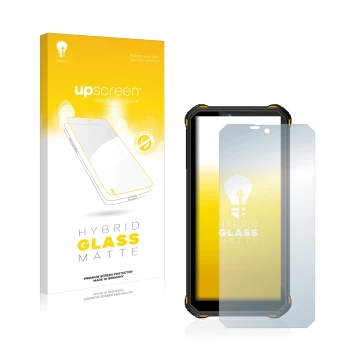 Parte frontal de un envase de producto con el logotipo de la marca upscreen. Al lado se muestra el dispositivo Oukitel WP15 5G