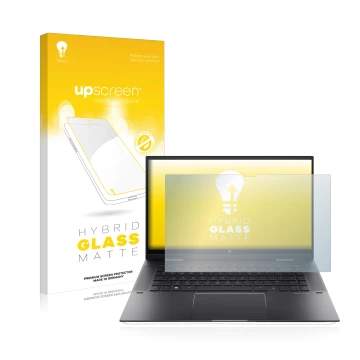 Parte frontal de un envase de producto con el logotipo de la marca upscreen. Al lado se muestra el dispositivo HP Envy x360 (1
