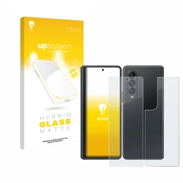 Parte frontal de un envase de producto con el logotipo de la marca upscreen. Al lado se muestra el dispositivo Samsung Galaxy 