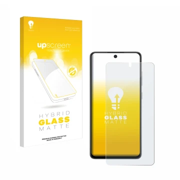 Parte frontal de un envase de producto con el logotipo de la marca upscreen. Al lado se muestra el dispositivo Samsung Galaxy 