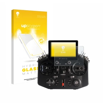 Parte frontal de un envase de producto con el logotipo de la marca upscreen. Al lado se muestra el dispositivo FrSky Tandem X2