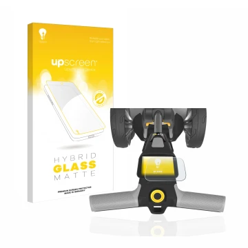 Parte frontal de un envase de producto con el logotipo de la marca upscreen. Al lado se muestra el dispositivo PowaKaddy CT6 c