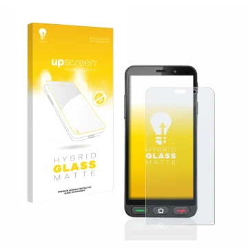 Parte frontal de un envase de producto con el logotipo de la marca upscreen. Al lado se muestra el dispositivo Brondi Amico S 