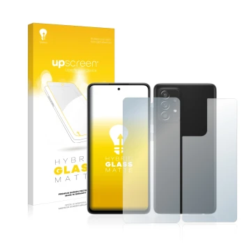 Parte frontal de un envase de producto con el logotipo de la marca upscreen. Al lado se muestra el dispositivo Samsung Galaxy 