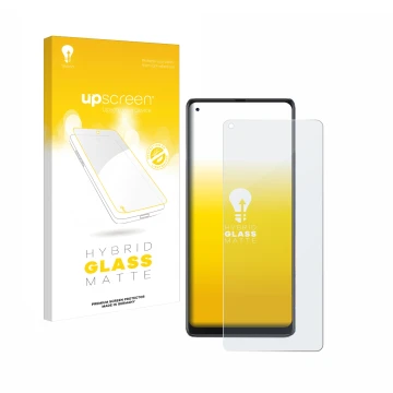 Parte frontal de un envase de producto con el logotipo de la marca upscreen. Al lado se muestra el dispositivo Cubot Max 3 con