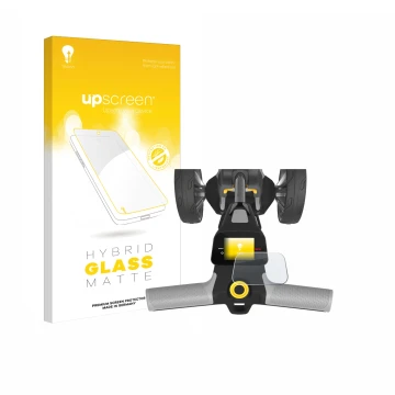 Parte frontal de un envase de producto con el logotipo de la marca upscreen. Al lado se muestra el dispositivo PowaKaddy CT6 G