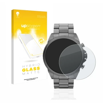 Parte frontal de un envase de producto con el logotipo de la marca upscreen. Al lado se muestra el dispositivo Fossil Gen 6 (4