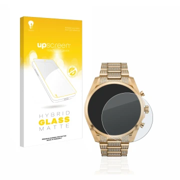 Parte frontal de un envase de producto con el logotipo de la marca upscreen. Al lado se muestra el dispositivo Michael Kors Ac