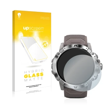 Parte frontal de un envase de producto con el logotipo de la marca upscreen. Al lado se muestra el dispositivo Coros Vertix 2 