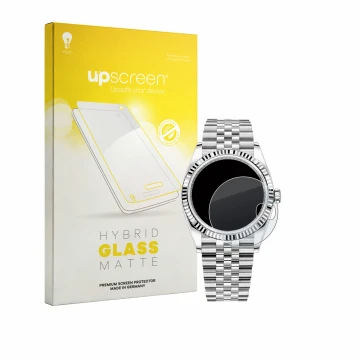 Parte frontal de un envase de producto con el logotipo de la marca upscreen. Al lado se muestra el dispositivo Rolex Datejust 