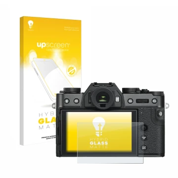 Parte frontal de un envase de producto con el logotipo de la marca upscreen. Al lado se muestra el dispositivo Fujifilm X-T30 