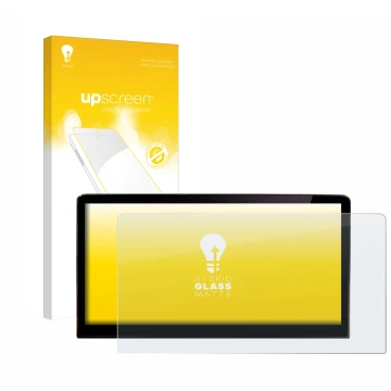 Parte frontal de un envase de producto con el logotipo de la marca upscreen. Al lado se muestra el dispositivo Skoda Enyaq iV 