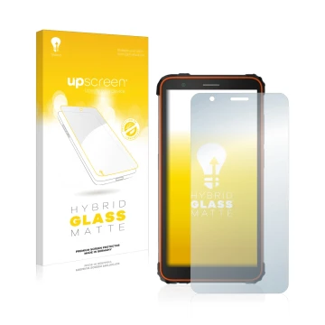 Parte frontal de un envase de producto con el logotipo de la marca upscreen. Al lado se muestra el dispositivo Blackview BV660