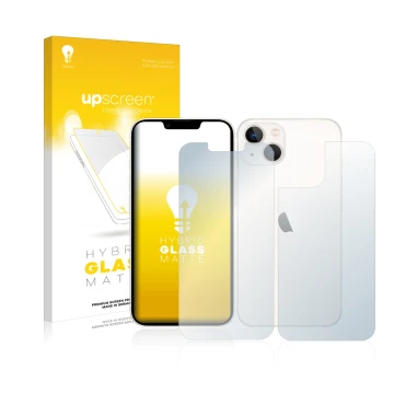 Parte frontal de un envase de producto con el logotipo de la marca upscreen. Al lado se muestra el dispositivo Apple iPhone 13