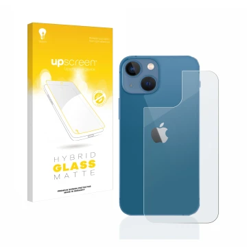 Parte frontal de un envase de producto con el logotipo de la marca upscreen. Al lado se muestra el dispositivo Apple iPhone 13