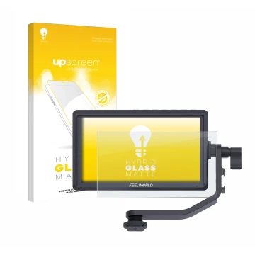 Parte frontal de un envase de producto con el logotipo de la marca upscreen. Al lado se muestra el dispositivo Feelworld FW568