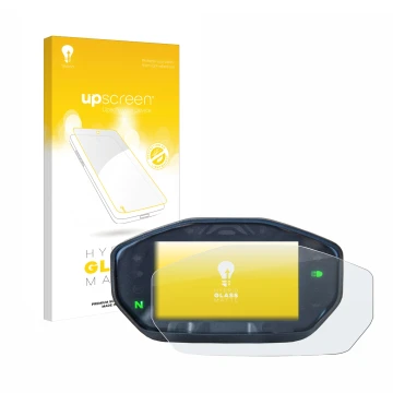 Parte frontal de un envase de producto con el logotipo de la marca upscreen. Al lado se muestra el dispositivo Ducati Monster 