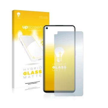 Parte frontal de un envase de producto con el logotipo de la marca upscreen. Al lado se muestra el dispositivo realme GT Neo 2