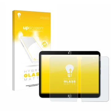 Parte frontal de un envase de producto con el logotipo de la marca upscreen. Al lado se muestra el dispositivo Microsoft Surfa