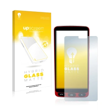 Parte frontal de un envase de producto con el logotipo de la marca upscreen. Al lado se muestra el dispositivo Olympia Neo Sma