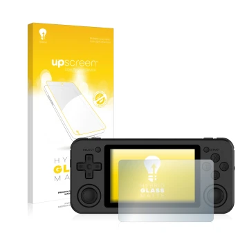 Parte frontal de un envase de producto con el logotipo de la marca upscreen. Al lado se muestra el dispositivo Anbernic RG351P