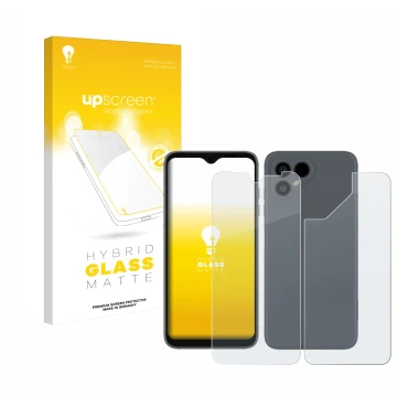 Parte frontal de un envase de producto con el logotipo de la marca upscreen. Al lado se muestra el dispositivo Fairphone 4 (Fr