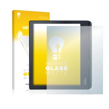 Parte frontal de un envase de producto con el logotipo de la marca upscreen. Al lado se muestra el dispositivo Kobo Sage con s