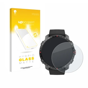 Parte frontal de un envase de producto con el logotipo de la marca upscreen. Al lado se muestra el dispositivo Polar Grit X Pr