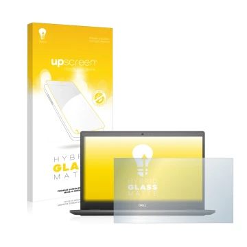 Parte frontal de un envase de producto con el logotipo de la marca upscreen. Al lado se muestra el dispositivo Dell Latitude 3