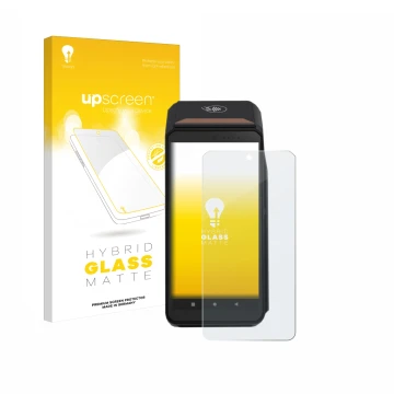 Parte frontal de un envase de producto con el logotipo de la marca upscreen. Al lado se muestra el dispositivo ingenico Axium 