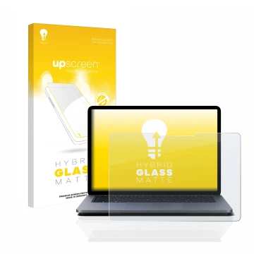 Parte frontal de un envase de producto con el logotipo de la marca upscreen. Al lado se muestra el dispositivo Microsoft Surfa