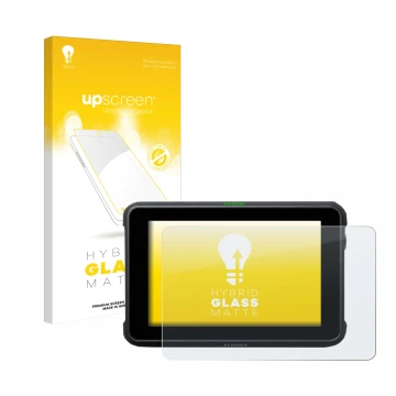 Parte frontal de un envase de producto con el logotipo de la marca upscreen. Al lado se muestra el dispositivo Atomos Shinobi 