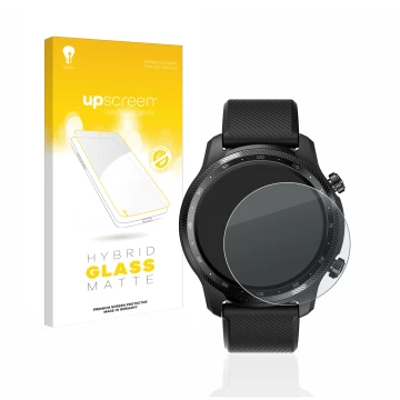 Parte frontal de un envase de producto con el logotipo de la marca upscreen. Al lado se muestra el dispositivo Mobvoi Ticwatch